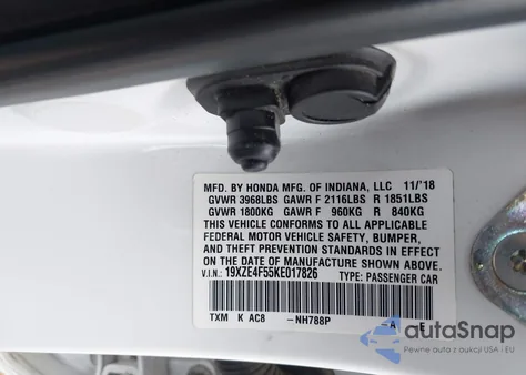 2019 Honda Insight Ex z USA, uszkodzony, nr VIN 19XZE4F55KE017826